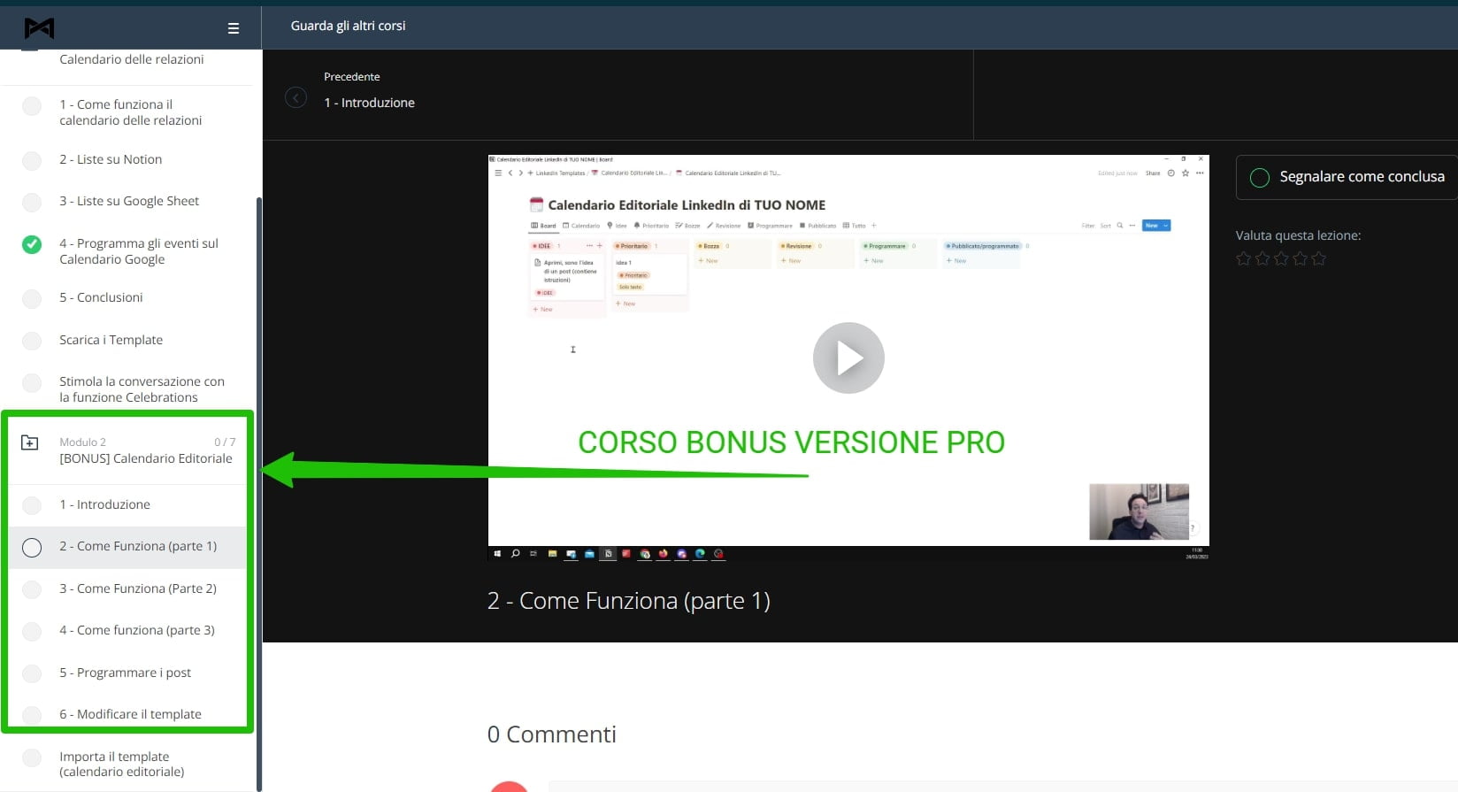 Calendario delle relazioni corso bonus