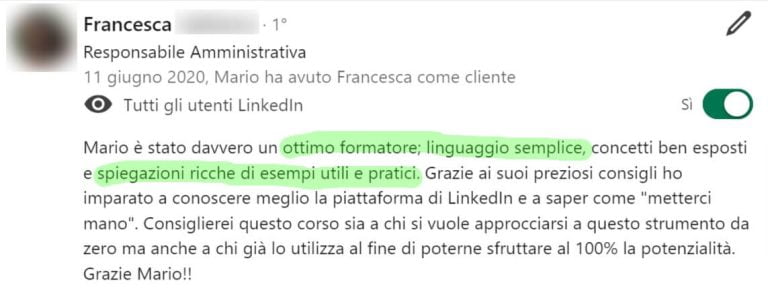 recensione Mario Pagani corso linkedin francesca