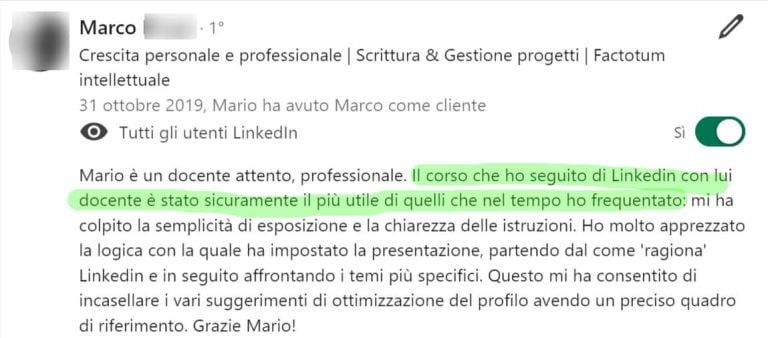 recensione Mario Pagani corso linkedin marco