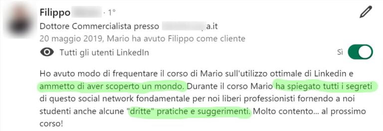 testimonianza Mario Pagani corso linkedin filippo